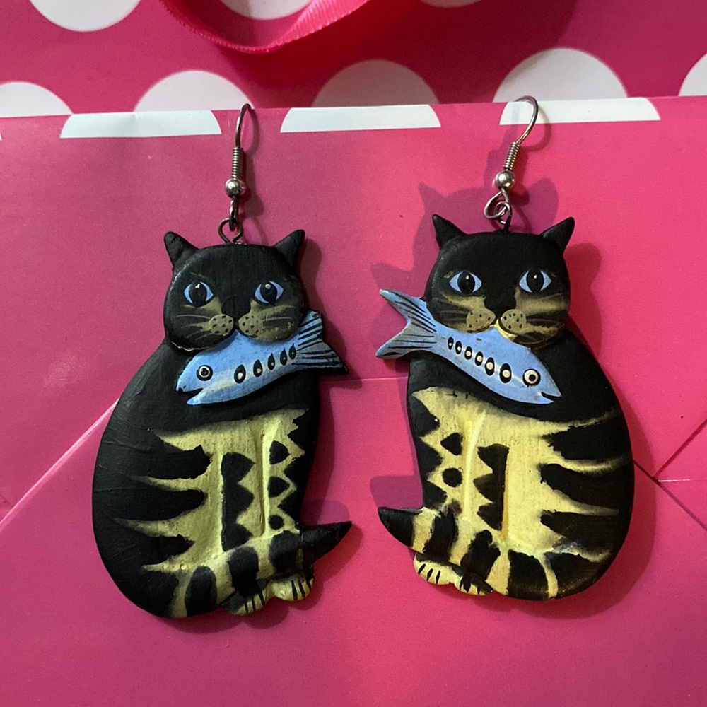 Hand painted wood cat earrings super light weight